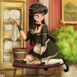 Size: 1280x1280 | Tagged: safe, artist:king-kakapo, octavia melody, human, angry, blushing, breasts, bucket, cleaning, cleavage, clothes, cuffs (clothes), dress, embarrassed, female, french maid, frown, glare, high heels, humanized, kneeling, looking back, maid, octamaid, orbtavia, socks, solo, sweatdrop, thigh highs, towel