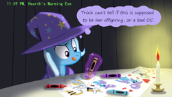 Size: 1280x720 | Tagged: safe, artist:evil-dec0y, derpibooru import, prince blueblood, trixie, pony, comic:trixie vs., comic:trixie vs. hearth's warming, bluetrix, candle, crayon, drawing, female, magic, male, shipping, straight, telekinesis, tongue out