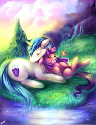 Size: 700x906 | Tagged: safe, artist:sukesha-ray, shining armor, twilight sparkle, butterfly, pony, unicorn, blushing, brother and sister, cute, eyes closed, female, filly, grass, happy, legs in air, male, open mouth, prone, shining adorable, siblings, snuggling, twiabetes