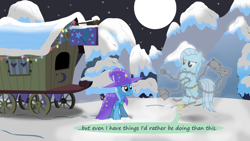 Size: 1280x720 | Tagged: safe, artist:evil-dec0y, derpibooru import, trixie, oc, oc:ghost, pony, comic:trixie vs., comic:trixie vs. hearth's warming, trixie's wagon