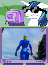 Size: 564x760 | Tagged: safe, shining armor, human, ass, butt, dat butt, dc universe online, exploitable meme, female, male, meme, metroid, obligatory pony, samus aran, tv meme, zero suit, zero suit samus