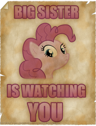 Size: 731x959 | Tagged: safe, artist:alonguy, pinkie pie, earth pony, pony, 1984, big brother is watching, george orwell, parody, pinkie pie is watching you, poster, propaganda