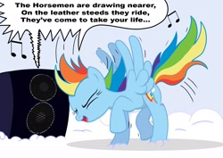 Size: 1920x1357 | Tagged: safe, artist:bcrich40, rainbow dash, pegasus, pony, cloud, dancing, female, lyrics, mare, metallica, music, singing, solo, song reference, speakers, the four horsemen (metallica)