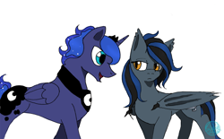 Size: 1227x759 | Tagged: safe, artist:subduedmoon, prince artemis, princess luna, oc, oc:nightwind, bat pony, female, male, rule 63, simple background, white background