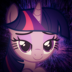 Size: 1440x1440 | Tagged: safe, artist:aeroytechyon-x, derpibooru import, twilight sparkle, pony, unicorn, abstract background, bust, female, lidded eyes, looking at you, mare, smiling, solo