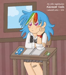 Size: 550x627 | Tagged: safe, artist:caramelcookie, rainbow dash, human, clothes, female, humanized, schoolgirl, skirt, solo, window