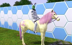 Size: 1440x896 | Tagged: safe, derpibooru import, screencap, fluttershy, oc, oc:anon, horse, human, bunny ears, green man, hoers, humans riding ponies, missing wing, pets, riding, spacesuit, the sims, the sims 3, the sims 3 pets