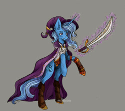 Size: 2929x2613 | Tagged: safe, artist:schizoidtomii, derpibooru import, trixie, pony, unicorn, clothes, commission, solo, steampunk, sword, weapon