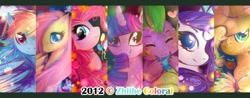 Size: 800x312 | Tagged: safe, artist:zhiibe, derpibooru import, applejack, fluttershy, pinkie pie, rainbow dash, rarity, spike, twilight sparkle, dragon, earth pony, pegasus, pony, unicorn, mane seven, mane six