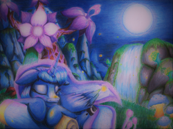 Size: 3375x2515 | Tagged: safe, artist:realismcartoon, princess luna, alicorn, pony, do princesses dream of magic sheep, dream, luna's dream, sleeping, solo, surreal, traditional art