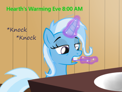 Size: 1200x900 | Tagged: safe, artist:evil-dec0y, derpibooru import, trixie, pony, comic:trixie vs., comic:trixie vs. hearth's warming, magic, messy mane, telekinesis, toothbrush