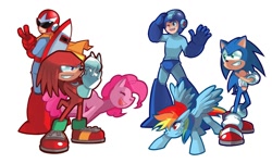 Size: 1000x600 | Tagged: safe, artist:gomigomipomi, pinkie pie, rainbow dash, earth pony, pegasus, pony, crossover, knuckles the echidna, megaman, proto man, sonic the hedgehog, sonic the hedgehog (series)