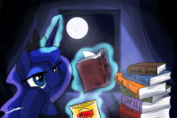 Size: 1500x1000 | Tagged: safe, artist:gasmaskfox, princess luna, alicorn, pony, book, female, horn, mare, solo