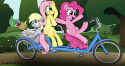 Size: 576x307 | Tagged: safe, artist:smor3s, derpy hooves, fluttershy, gummy, pinkie pie, pegasus, pony, bicycle, female, mare, ride to conquer cancer