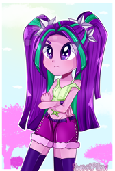 Size: 2100x3119 | Tagged: safe, artist:vixelzf, aria blaze, equestria girls, bracelet, clothes, crossed arms, front knot midriff, jewelry, midriff, shorts, socks, solo, tanktop, thigh highs