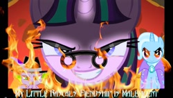 Size: 800x450 | Tagged: safe, derpibooru import, editor:undeadponysoldier, spike, starlight glimmer, trixie, dragon, unicorn, badass, cape, clothes, evil, evil grin, fedora, female, fire, glasses, goth, grin, hat, looking at you, makeup, male, mare, sinister, smiling, trixie's cape
