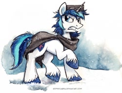 Size: 800x607 | Tagged: safe, artist:kenket, artist:spainfischer, shining armor, pony, unicorn, cloak, clothes, messy mane, snow goggles, solo, traditional art, unshorn fetlocks