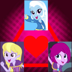 Size: 1500x1500 | Tagged: safe, derpibooru import, fuchsia blush, lavender lace, trixie, equestria girls, rainbow rocks, female, fuchsiavender, lesbian, love triangle, shipping, trixie and the illusions, trixieblush, trixielace