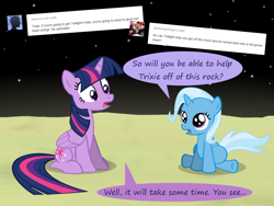 Size: 1200x900 | Tagged: safe, artist:evil-dec0y, derpibooru import, trixie, twilight sparkle, twilight sparkle (alicorn), alicorn, pony, unicorn, comic:trixie vs., comic:trixie vs. the moon, female, filly, mare, speech bubble