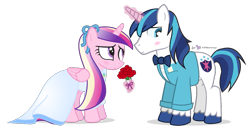 Size: 937x485 | Tagged: safe, artist:dm29, princess cadance, shining armor, alicorn, pony, unicorn, alternate hairstyle, blushing, bouquet, clothes, dress, duo, magic, rose, simple background, suit, transparent background