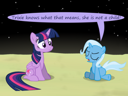 Size: 1200x900 | Tagged: safe, artist:evil-dec0y, derpibooru import, trixie, twilight sparkle, twilight sparkle (alicorn), alicorn, pony, unicorn, comic:trixie vs., comic:trixie vs. the moon, female, filly, mare, speech bubble