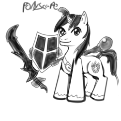 Size: 1400x1400 | Tagged: artist needed, safe, shining armor, pony, unicorn, dragon longsword, monochrome, rune kiteshield, runescape, solo