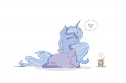 Size: 1977x1296 | Tagged: safe, artist:luckythedog, princess luna, alicorn, pony, blanket, coffee, cozy, cute, eyes closed, food, heart, lunabetes, silly, silly pony, simple background, solo, speech bubble, tongue out, white background