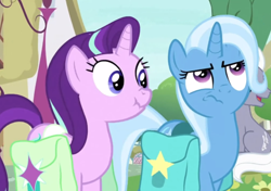 Size: 1136x798 | Tagged: safe, derpibooru import, screencap, royal riff, starlight glimmer, trixie, pony, student counsel, saddle bag, scrunchy face, trixie is not amused, unamused