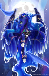 Size: 647x1000 | Tagged: safe, artist:syo-senpai, princess luna, alicorn, pony, feather, flying, jewelry, moon, solo