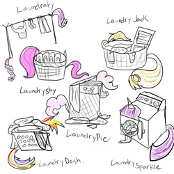 Size: 1280x1280 | Tagged: safe, artist:strangerdanger, derpibooru import, applejack, fluttershy, pinkie pie, rainbow dash, rarity, twilight sparkle, barely pony related, clothes, clothes line, laundry, laundry basket, mane six, not salmon, pants, simple background, sock, socks, sweater, washboard, washing machine, wat, white background