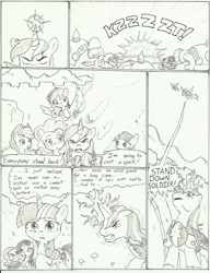 Size: 1275x1662 | Tagged: safe, artist:joelashimself, applejack, fluttershy, pinkie pie, rainbow dash, rarity, shining armor, twilight sparkle, oc, earth pony, pegasus, pony, unicorn, comic, monochrome, the forgotten element