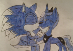 Size: 951x666 | Tagged: safe, artist:derpyxdoctor, princess luna, alicorn, pony, crossover, crossover shipping, kissing, request, shipping, solo, sonic the hedgehog, sonic the hedgehog (series), sonic the werehog, sonicluna, traditional art