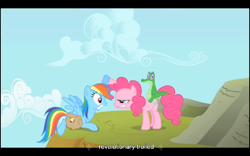 Size: 1024x640 | Tagged: safe, screencap, gummy, pinkie pie, rainbow dash, earth pony, pegasus, pony, party of one, youtube caption