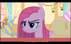 Size: 1024x640 | Tagged: safe, screencap, madame leflour, pinkie pie, sir lintsalot, earth pony, pony, party of one, pinkamena diane pie, vulgar, youtube caption