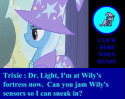 Size: 1027x813 | Tagged: safe, derpibooru import, edit, edited screencap, screencap, trixie, pony, boast busters, dialogue, game screencap, megaman, megapony