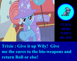 Size: 1023x817 | Tagged: safe, derpibooru import, edit, edited screencap, screencap, trixie, pony, boast busters, dialogue, game screencap, megaman, megapony, pointing