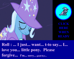 Size: 1046x839 | Tagged: safe, derpibooru import, edit, edited screencap, screencap, trixie, pony, magic duel, dialogue, eyes closed, game screencap, megaman, megapony, sad, solo