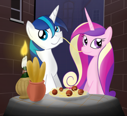 Size: 1806x1644 | Tagged: safe, artist:hip-indeed, princess cadance, shining armor, alicorn, pony, unicorn, duo, female, lady and the tramp, male, ponies eating meat, shiningcadance, spaghetti, spaghetti scene, straight