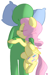 Size: 302x476 | Tagged: safe, artist:elslowmo, artist:php27, derpibooru import, fluttershy, oc, oc:anon, human, bed, happy, on back, pillow, sleeping, snuggling