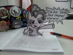 Size: 1024x768 | Tagged: safe, pinkie pie, earth pony, pony, female, fourth wall, fourth wall breach, grayscale, irl, monochrome, notebook, paper child, photo, traditional art