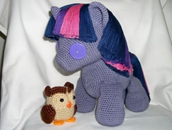 Size: 1024x768 | Tagged: safe, artist:masterplanner, derpibooru import, angel bunny, owlowiscious, twilight sparkle, owl, pony, amigurumi, crochet, irl, photo, plushie, solo