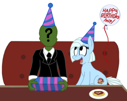 Size: 1572x1258 | Tagged: safe, artist:sketchymouse, oc, oc only, oc:anon, oc:tracy cage, human, /mlp/, 4chan, balloon, birthday, hat, nicolas cage, party hat, present, spaghetti