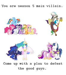 Size: 2392x2696 | Tagged: safe, applejack, discord, fluttershy, pinkie pie, princess cadance, princess celestia, princess luna, rainbow dash, rarity, shining armor, spike, twilight sparkle, twilight sparkle (alicorn), alicorn, dragon, earth pony, pegasus, pony, unicorn, game, mane seven, mane six, meta, text