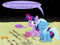 Size: 1200x900 | Tagged: safe, artist:evil-dec0y, derpibooru import, trixie, twilight sparkle, twilight sparkle (alicorn), alicorn, pony, comic:trixie vs., comic:trixie vs. the moon