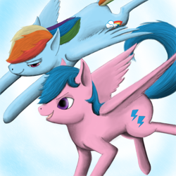 Size: 1080x1080 | Tagged: safe, artist:ratchieftain, firefly, rainbow dash, pegasus, pony, g1, flying, g1 to g4, generation leap