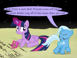 Size: 1200x900 | Tagged: safe, artist:evil-dec0y, derpibooru import, trixie, twilight sparkle, twilight sparkle (alicorn), alicorn, pony, comic:trixie vs., comic:trixie vs. the moon