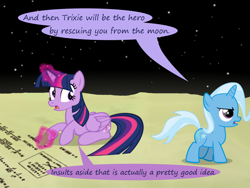 Size: 1200x900 | Tagged: safe, artist:evil-dec0y, derpibooru import, trixie, twilight sparkle, twilight sparkle (alicorn), alicorn, pony, comic:trixie vs., comic:trixie vs. the moon