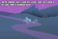 Size: 753x500 | Tagged: safe, derpibooru import, edit, edited screencap, screencap, trixie, pony, unicorn, boast busters, caption, grass, image macro, leaving, night, road, solo, stars, text, tree