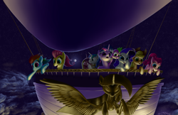 Size: 5100x3300 | Tagged: safe, artist:here-for-the-ponies, applejack, fluttershy, pinkie pie, princess cadance, rainbow dash, rarity, shining armor, spike, twilight sparkle, twilight sparkle (alicorn), alicorn, dragon, earth pony, pegasus, pony, unicorn, absurd resolution, airship, female, mane seven, mane six, mare, night