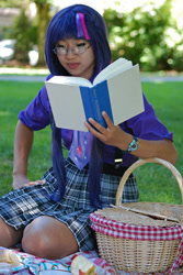 Size: 600x896 | Tagged: safe, artist:cookiecrisis, artist:fallmoonlitrose, derpibooru import, twilight sparkle, human, book, cosplay, glasses, irl, irl human, necktie, photo, picnic, solo